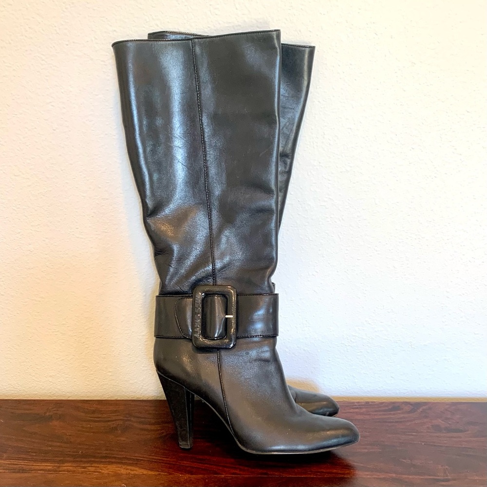Miss Sixty Tall Black leather boot with logo’d ankle buckle. Good condition